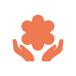 Solid orange icon of two hands holding up a six-petal flower
